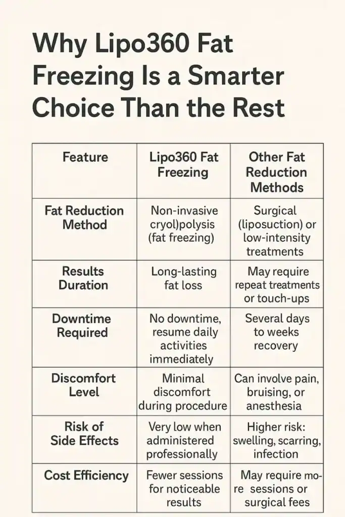 Is it possible to permanently freeze fat cells? 2 Table showing benefits of fat freezing to remove fat cells Southampton from Lipo 360
