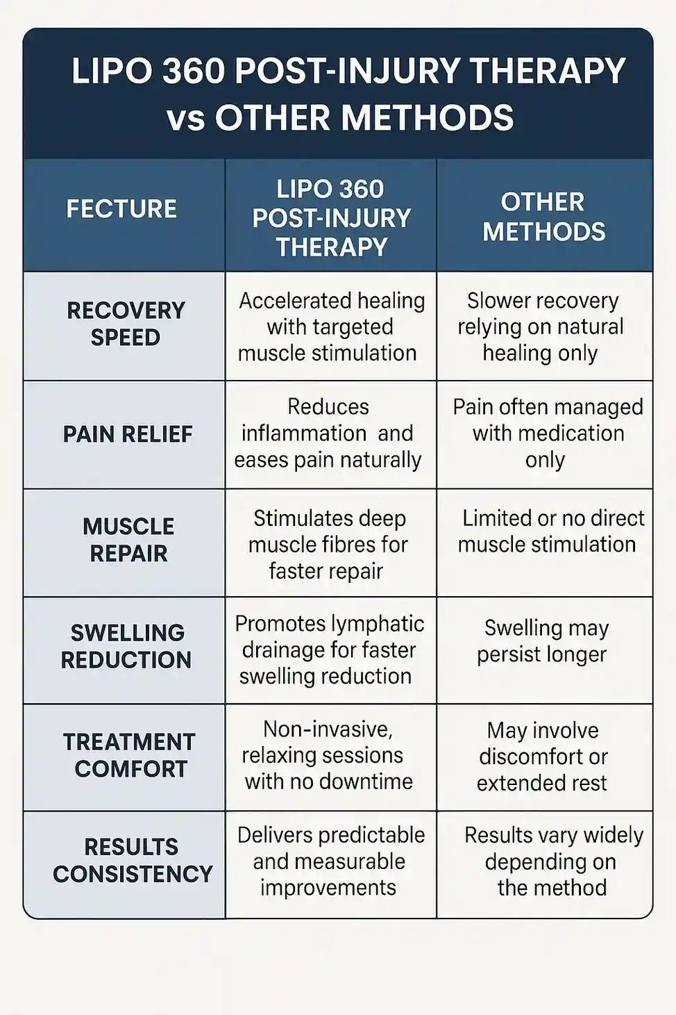 Comparison of Lipo 360 Southampton 	 Post-Injury Therapy vs Other Methods
